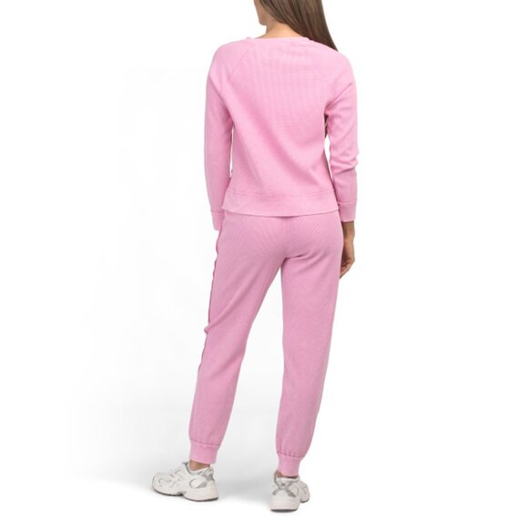 SUNNYSIDE BY SUNDRY Fuchsia Waffle Knit Long Sleeve Top With Jogger 2pc Set - Picture 2 of 2
